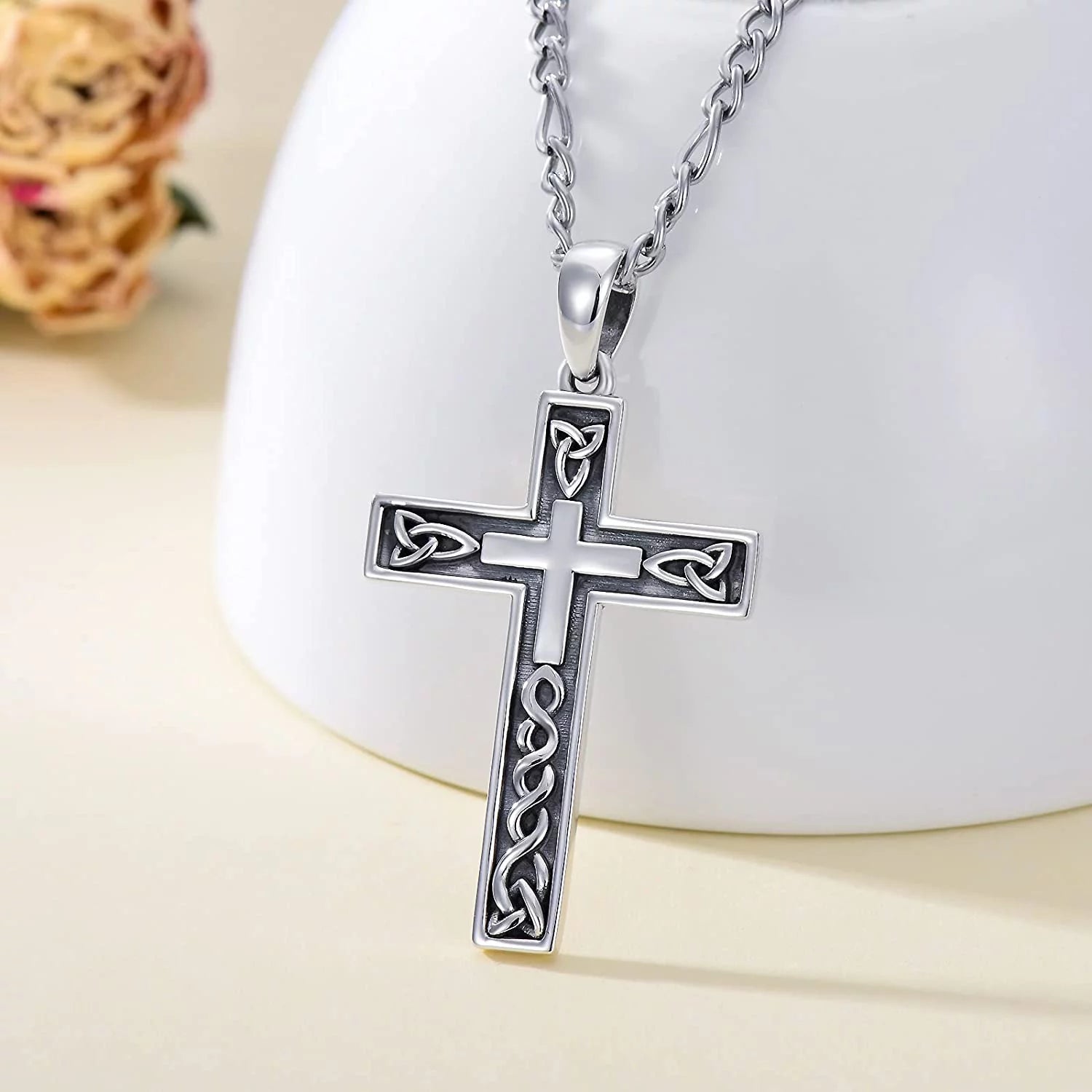 Gift 925 Sterling Silver Cross Necklace for Men Delicate Texture Crucifix Jesus Cross Pendant Necklace