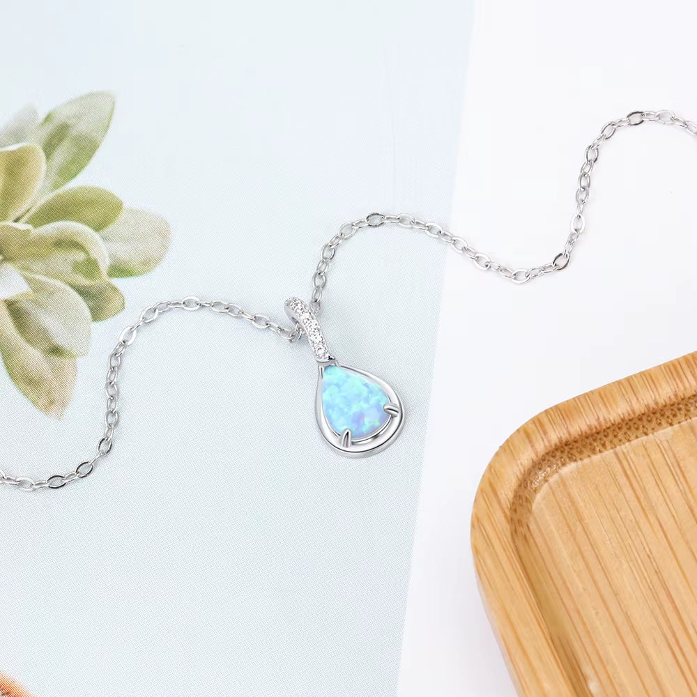 925 Sterling Silver Water Drop Blue Opal Necklaces for Women Geometirc Necklaces & Pendants Jewelry Gift ( NE103210)