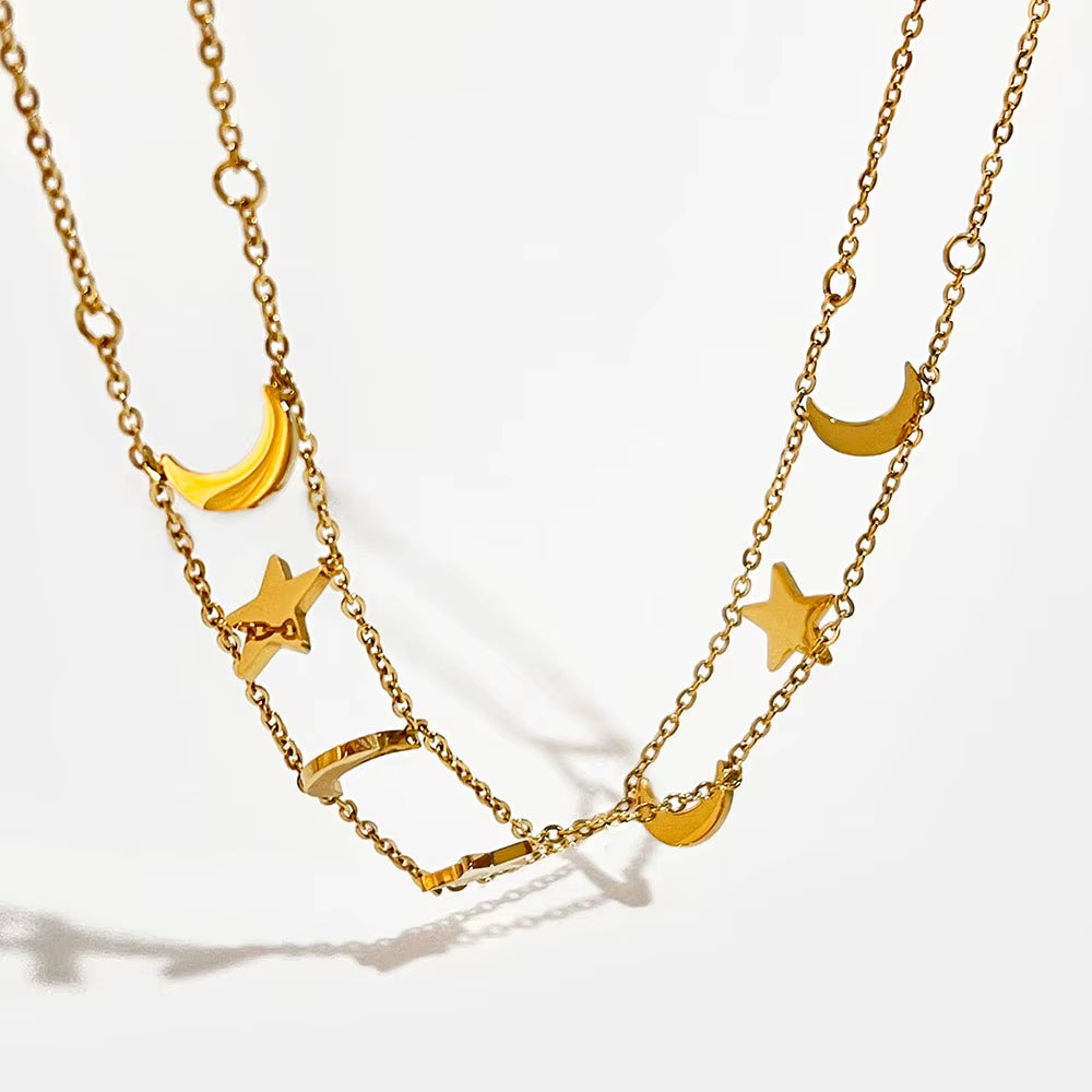 Small Crescent Moon and Stars Necklaces Hollow Double Layer Chain Choker Necklaces Unusual Statement Boho Sea Necklace