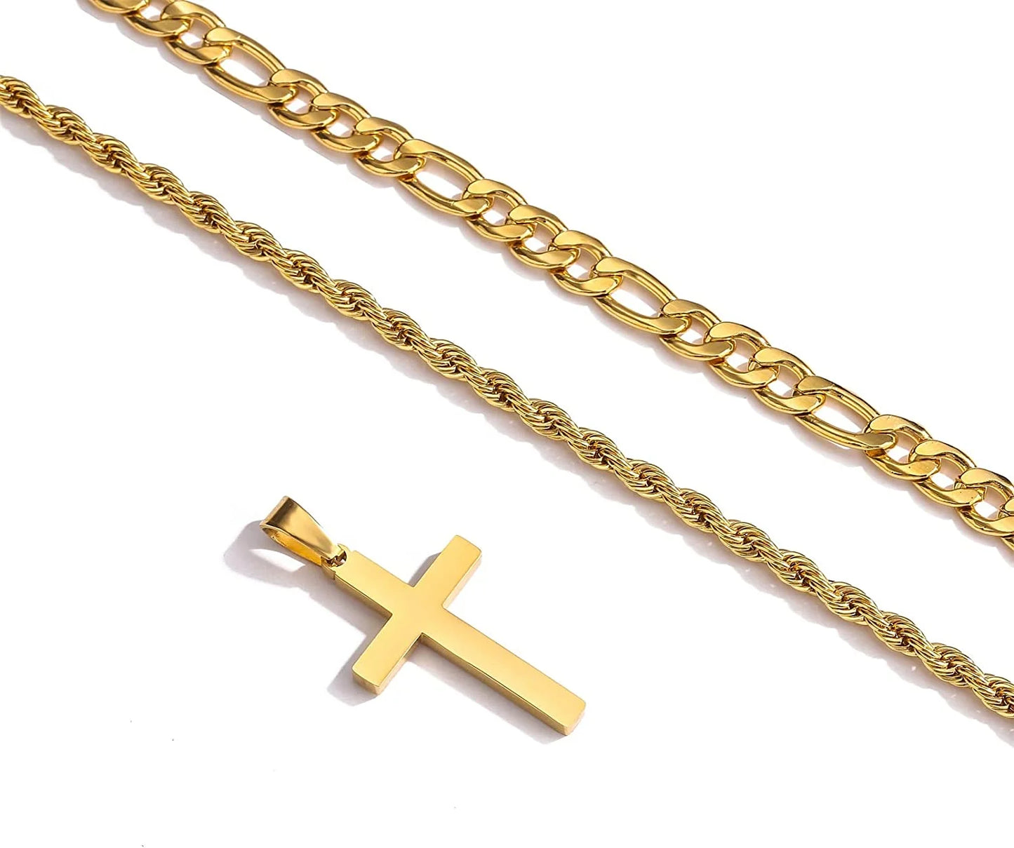 Layered Gold Cross Necklace for Men Boyfriend Son Dad Husband Brother Adult Male Young Stainless Steel Layered Figaro Twist Rope Chains Cross Pendant Necklaces Set Christian Religious Catholic Gifts