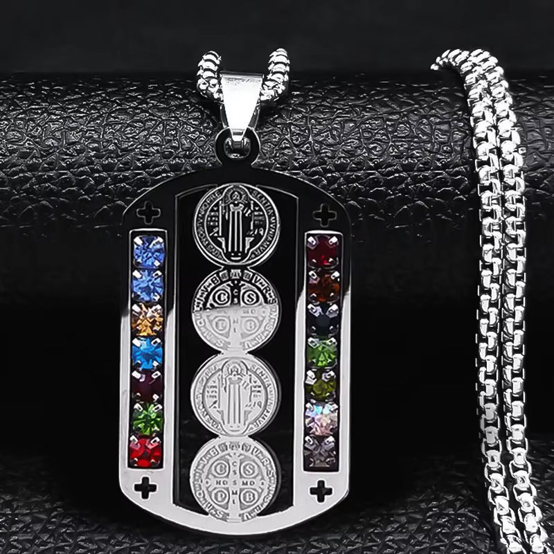 Catholic Jesus Cross Stainless Steel Necklace Saint Benedict Crystal Virgin Mary Pendant Crucifix Male Necklaces Jewelry Cruz