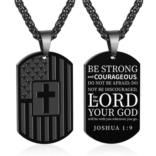 American Black Dog Tag Cross Necklaces for Men Bible Verse Pendant Cross Stainless Steel Men Necklaces 24 Inches Chain First Communion Confirmation Religious Christian Christmas Jewelry Gifts
