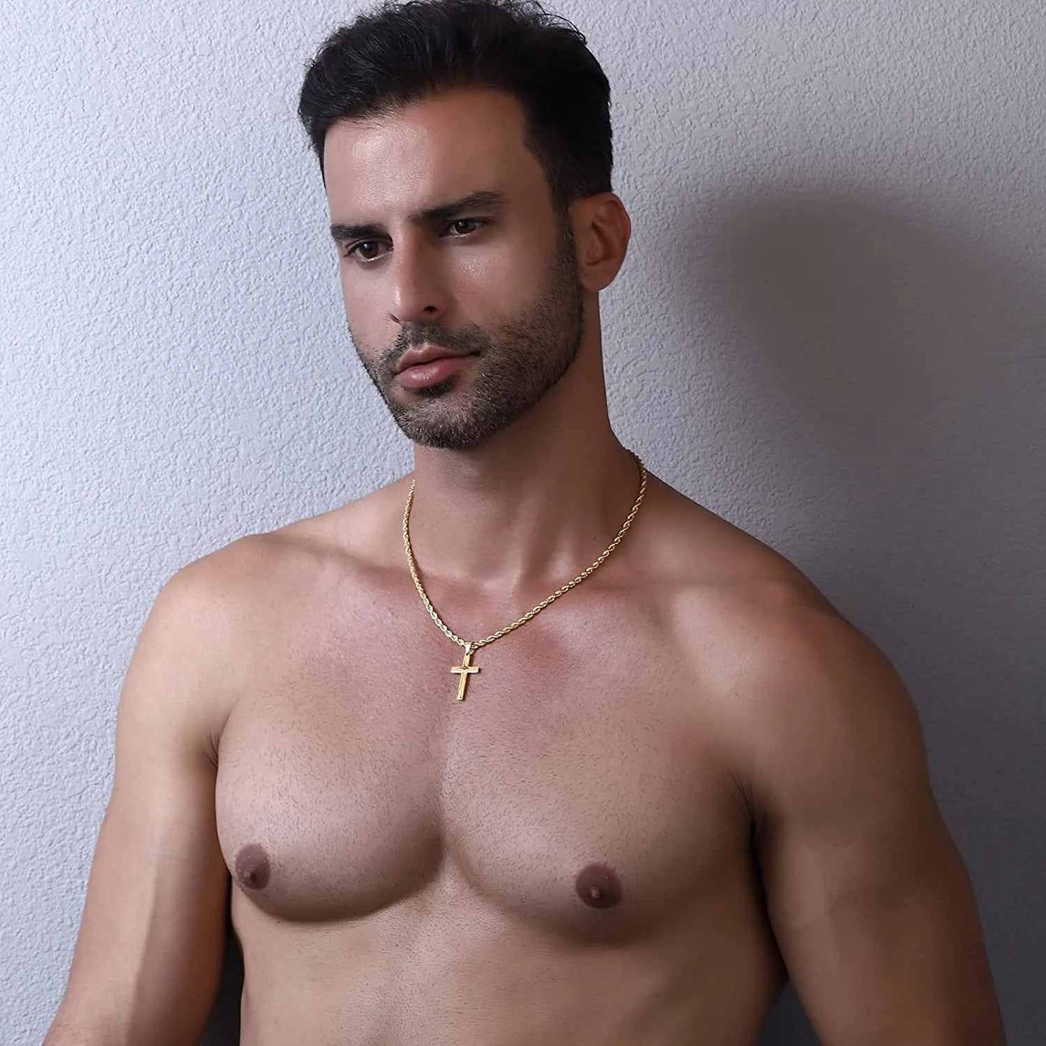 Layered Gold Cross Necklace for Men Boyfriend Son Dad Husband Brother Adult Male Young Stainless Steel Layered Figaro Twist Rope Chains Cross Pendant Necklaces Set Christian Religious Catholic Gifts