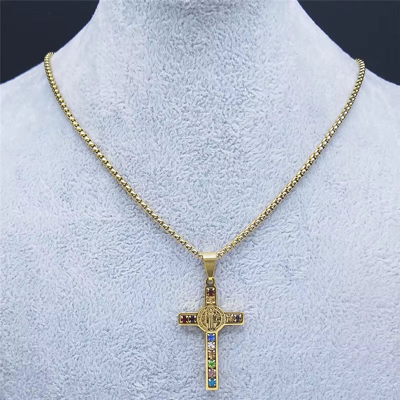 Catholic Jesus Cross Stainless Steel Necklace Saint Benedict Crystal Virgin Mary Pendant Crucifix Male Necklaces Jewelry Cruz