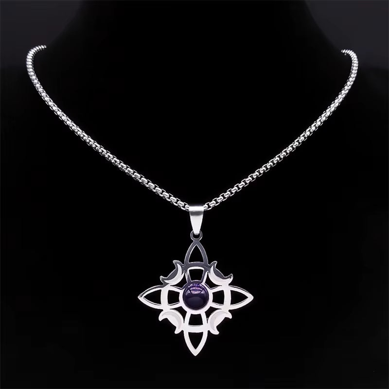 Wicca Celtic Knot Triple Moon Goddess Necklace Stainless Steel Natural Stone Witch Amulet Chain Necklaces Jewelry Collar