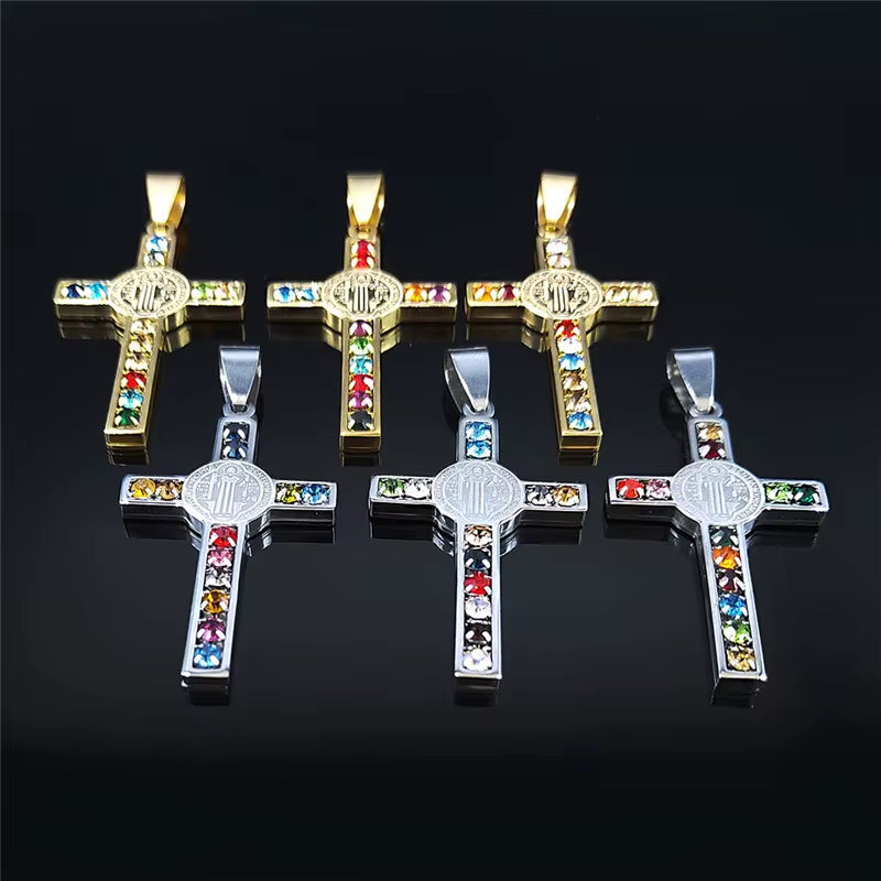 Catholic Jesus Cross Stainless Steel Necklace Saint Benedict Crystal Virgin Mary Pendant Crucifix Male Necklaces Jewelry Cruz