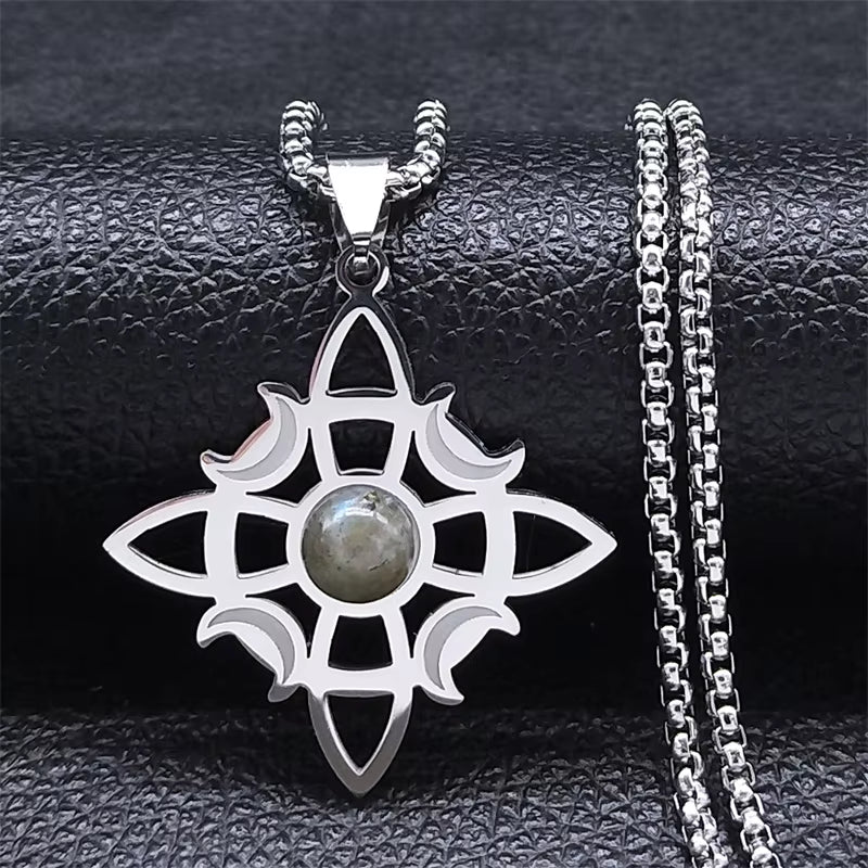 Wicca Celtic Knot Triple Moon Goddess Necklace Stainless Steel Natural Stone Witch Amulet Chain Necklaces Jewelry Collar