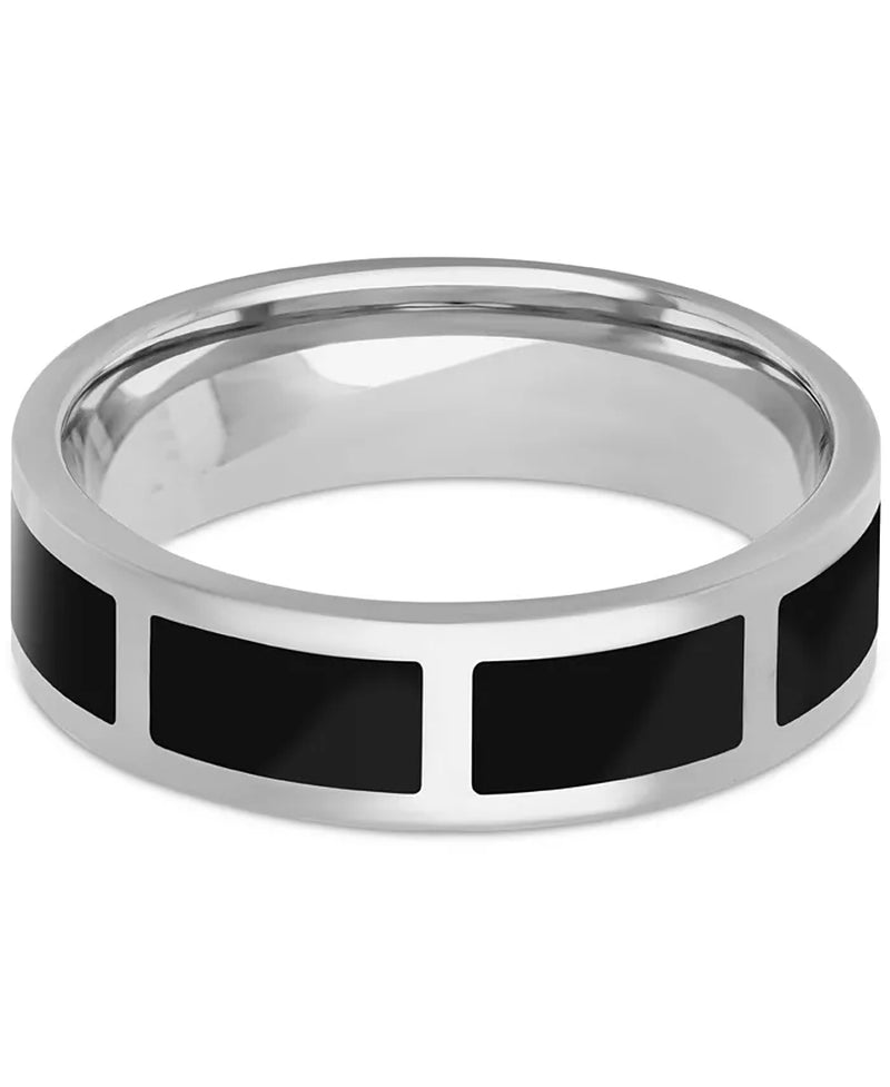 Men'S Polished Black Ceramic Segmented Band in Sterling Silver
