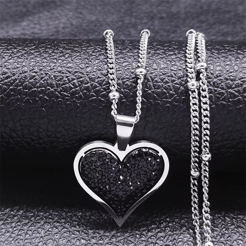 Elegant Black Crystal Heart Pendant Necklace for Women Stainless Steel Gold Color Small Exquisite Choker Chain Jewelry N8261S01