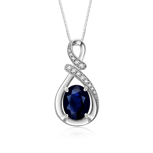 Necklace Sterling Silver Classic Designer Necklace Gemstone & Diamonds Pendant 18" Chain 9X7MM BLUE Sapphire September Birthstone Womens Jewelry Silver Necklace