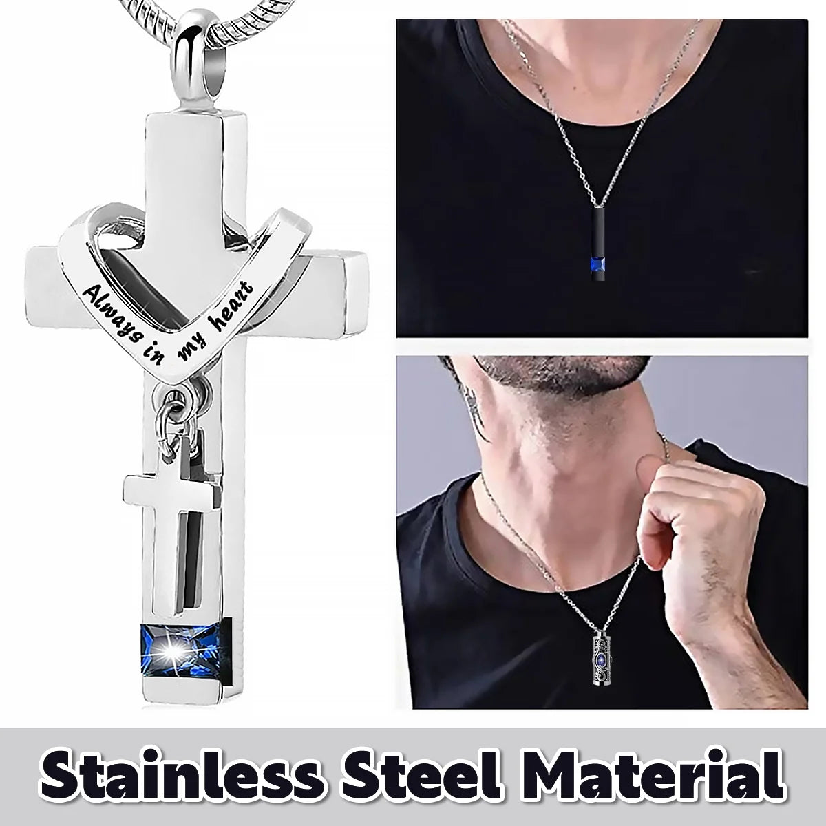 4Pcs Urn Necklace Set Stainless Steel Cremation Jewelry Heart Cylindrical Cross Rectangular Ashes Keepsake Waterproof Urn Memorial Pendant for Men Women