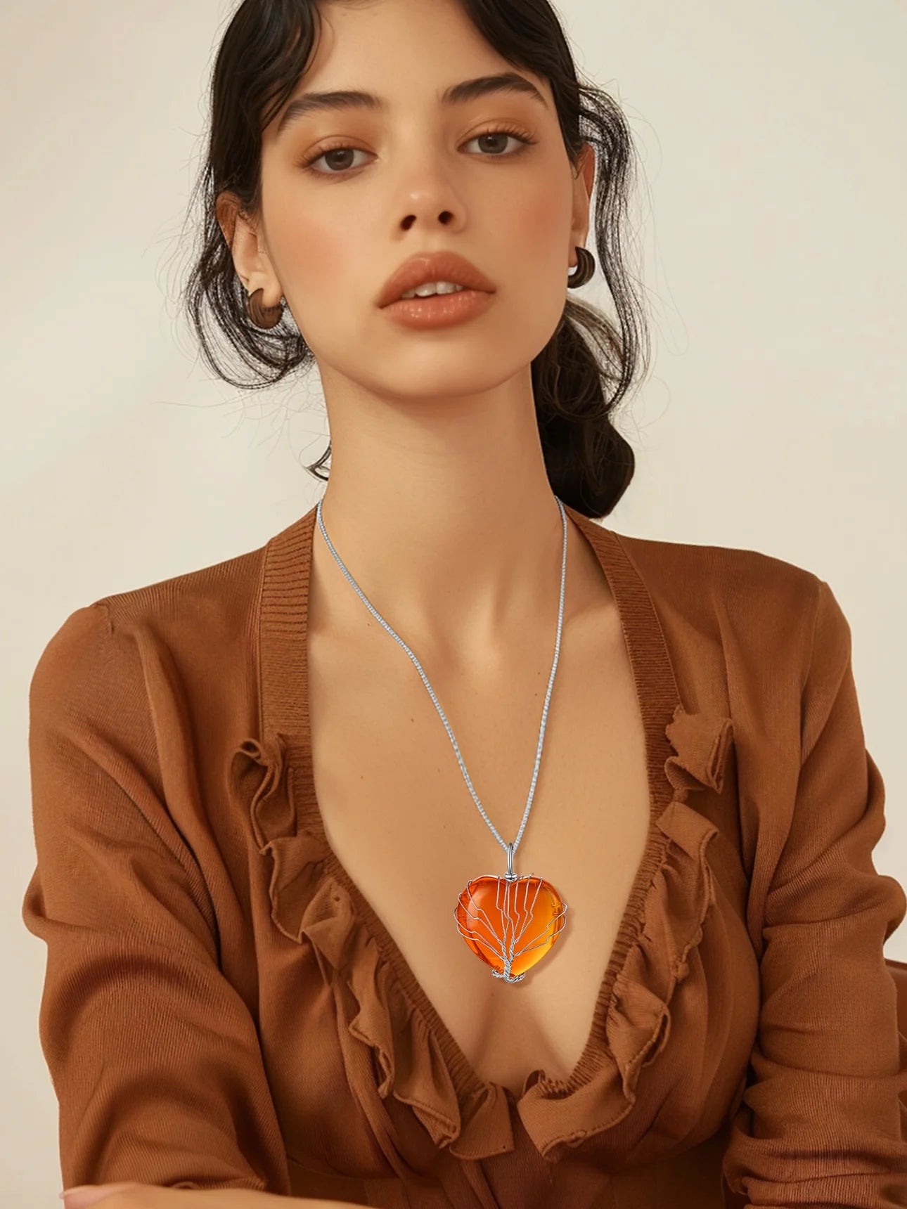 Tree of Life Heart Crystal Necklaces November Birthstone Pendant Synthetic Citrine Gemstones Healing Necklaces for Mother Wife