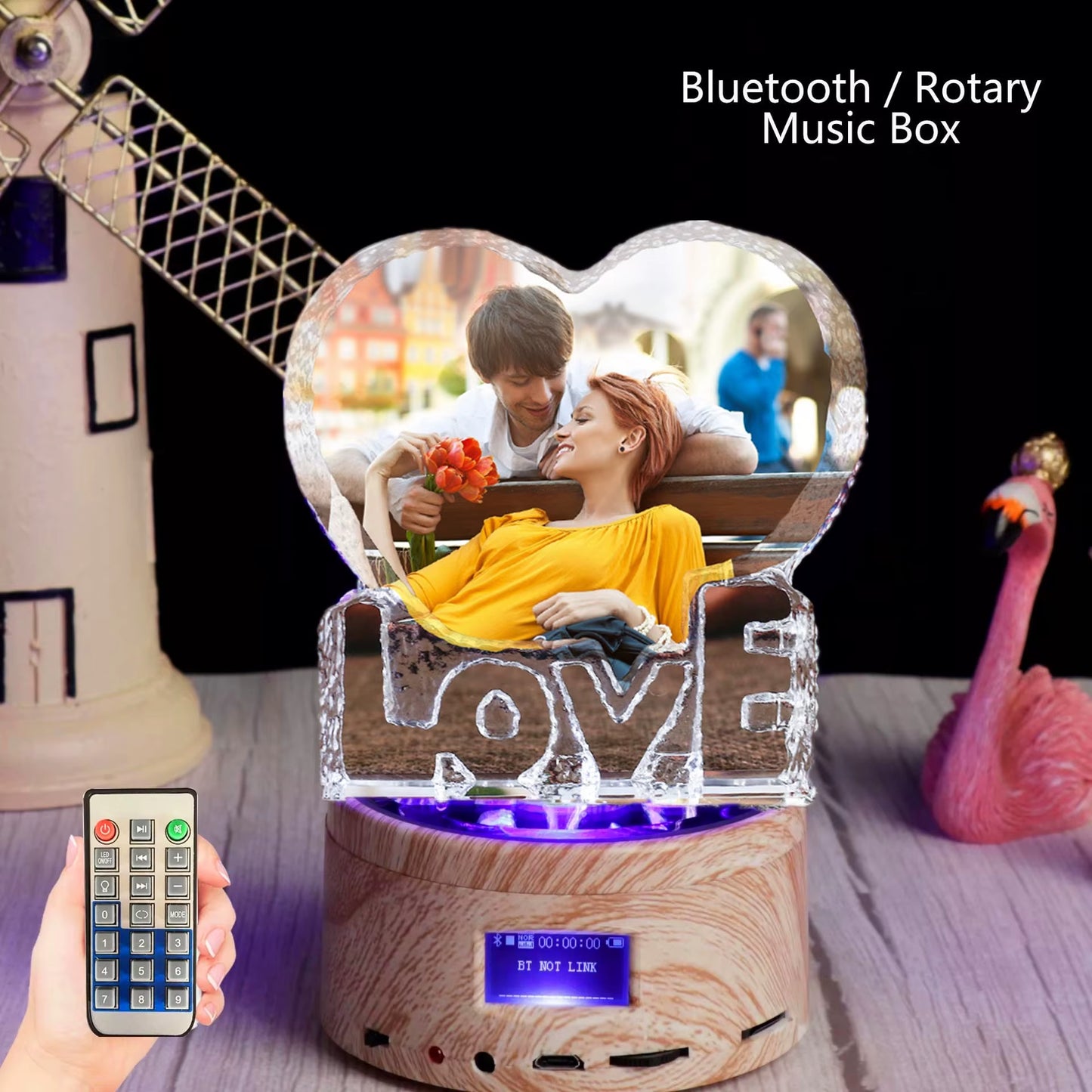 Color Love Crystal Photo Gifts Custom Picture Night Lamp Bluetooth Rotating Turntable Music Player Wedding Valentine'S Day Gift