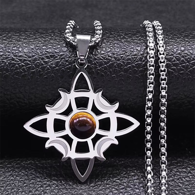 Wicca Celtic Knot Triple Moon Goddess Necklace Stainless Steel Natural Stone Witch Amulet Chain Necklaces Jewelry Collar
