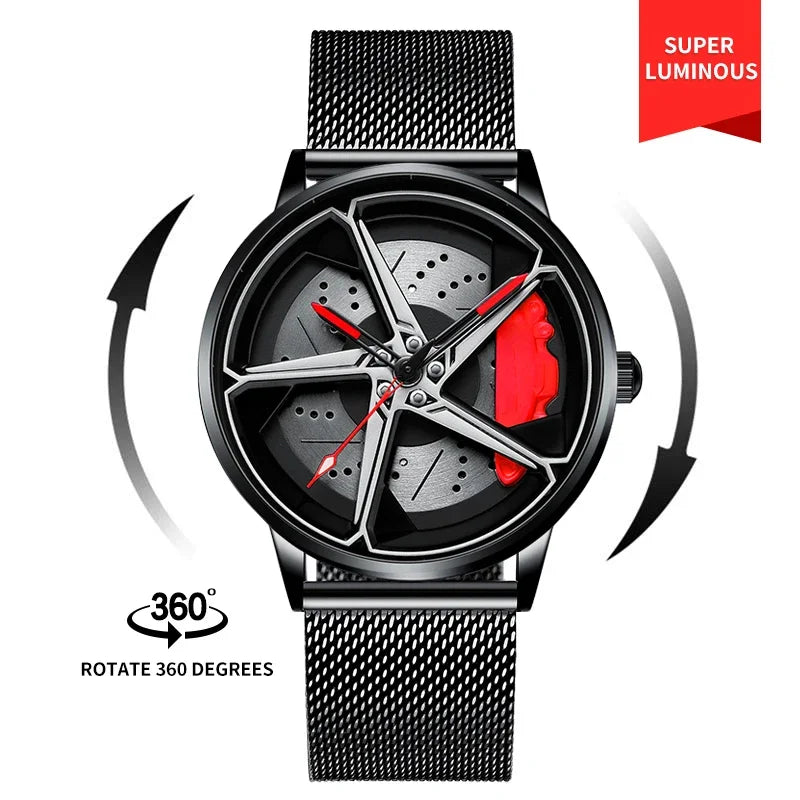 Sports Car Wheel Hub Men Watch Waterproof Rotate Watches Rim Watch Spinning Men'S Sports 360° Rotate Wheel Watches for Men Clock