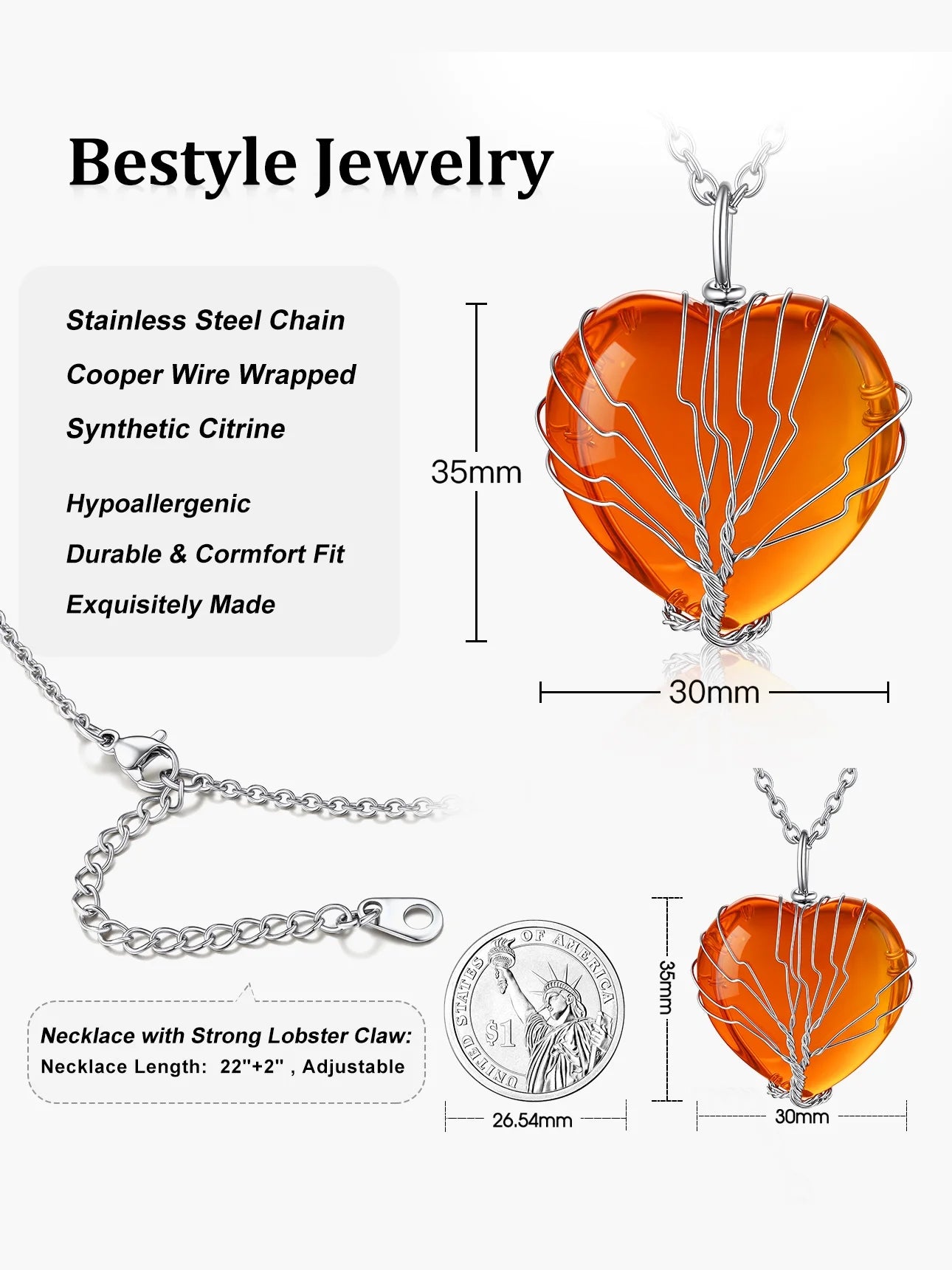 Tree of Life Heart Crystal Necklaces November Birthstone Pendant Synthetic Citrine Gemstones Healing Necklaces for Mother Wife