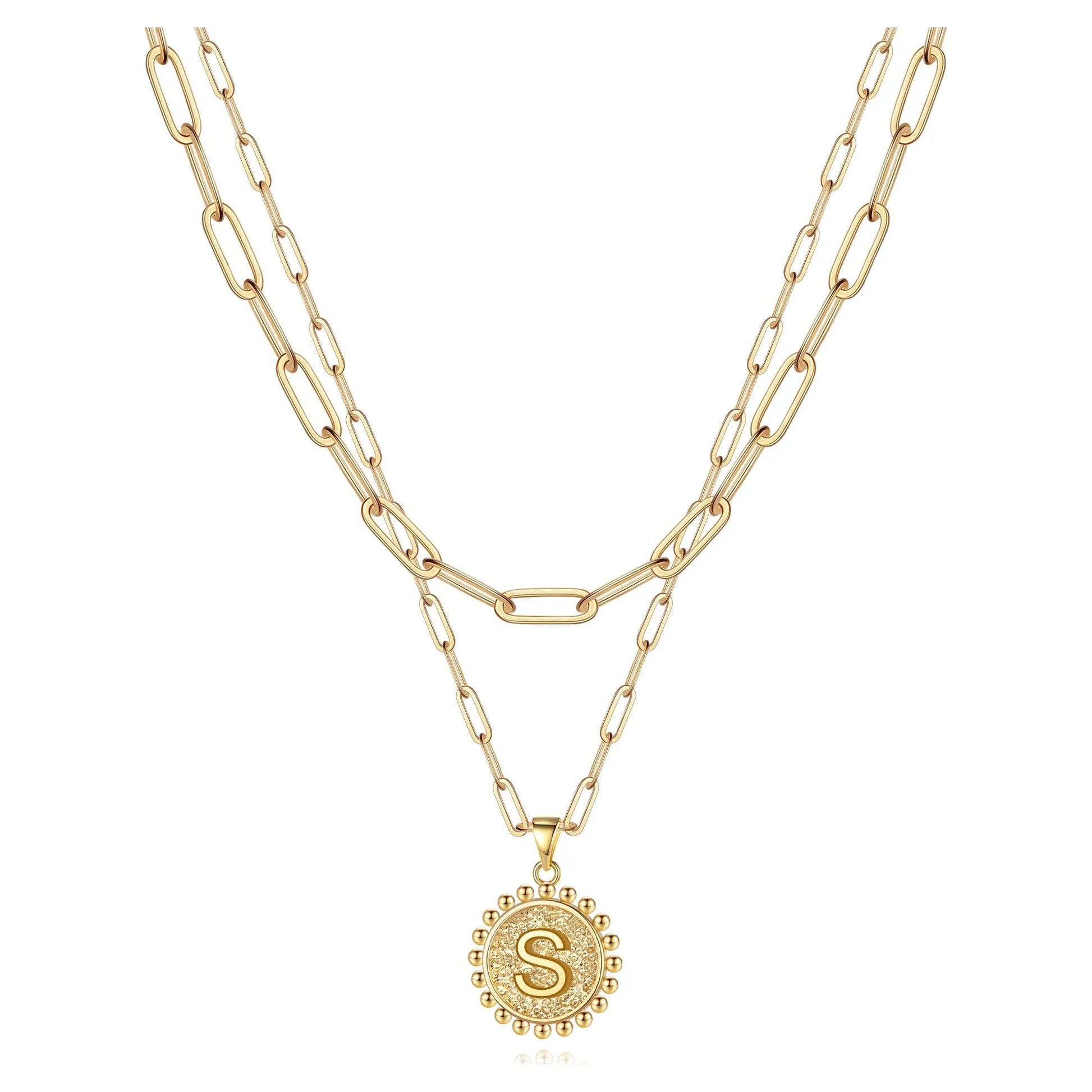 Tingn Gold Initial Necklaces for Women Layering Paperclip Link Coin Jewelry Gift