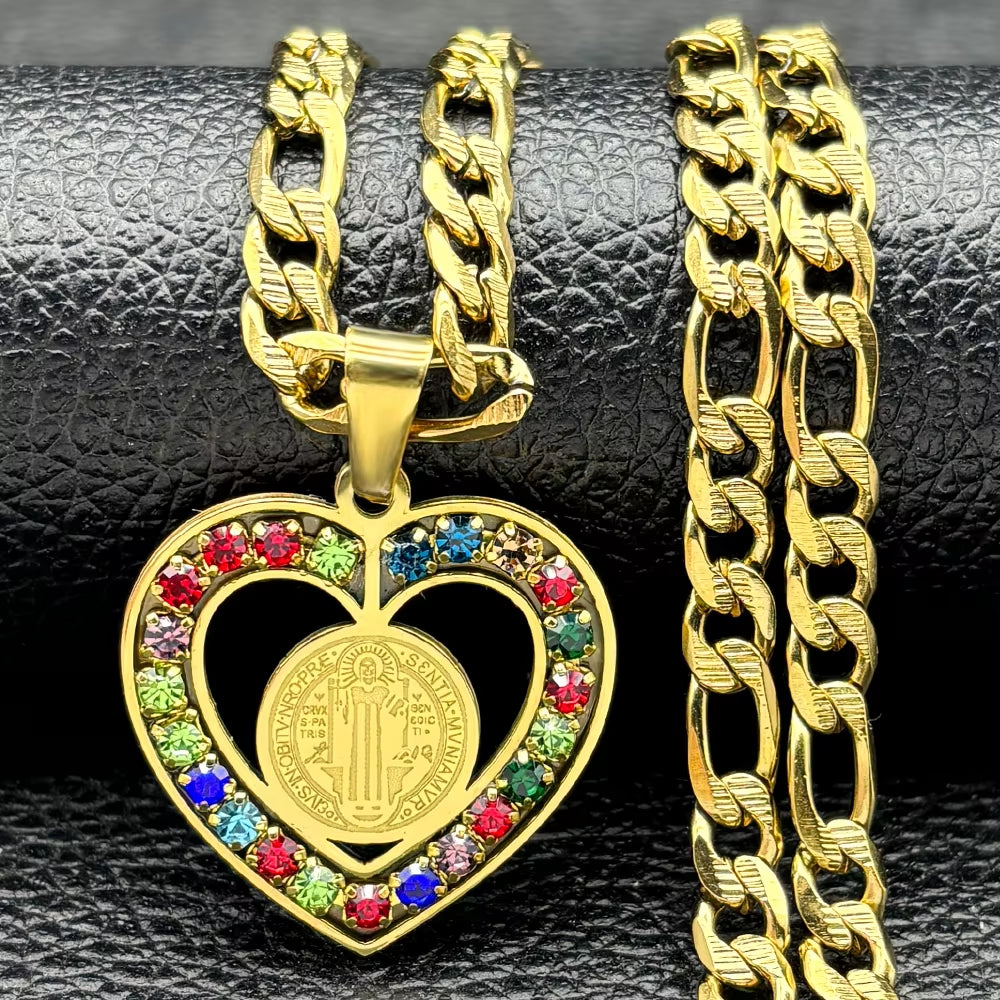 Colorful Crystal Saint Benedict Medal Necklace Women Men Stainless Steel Gold Color Chain Necklaces Jewelry San Benito N8391S05