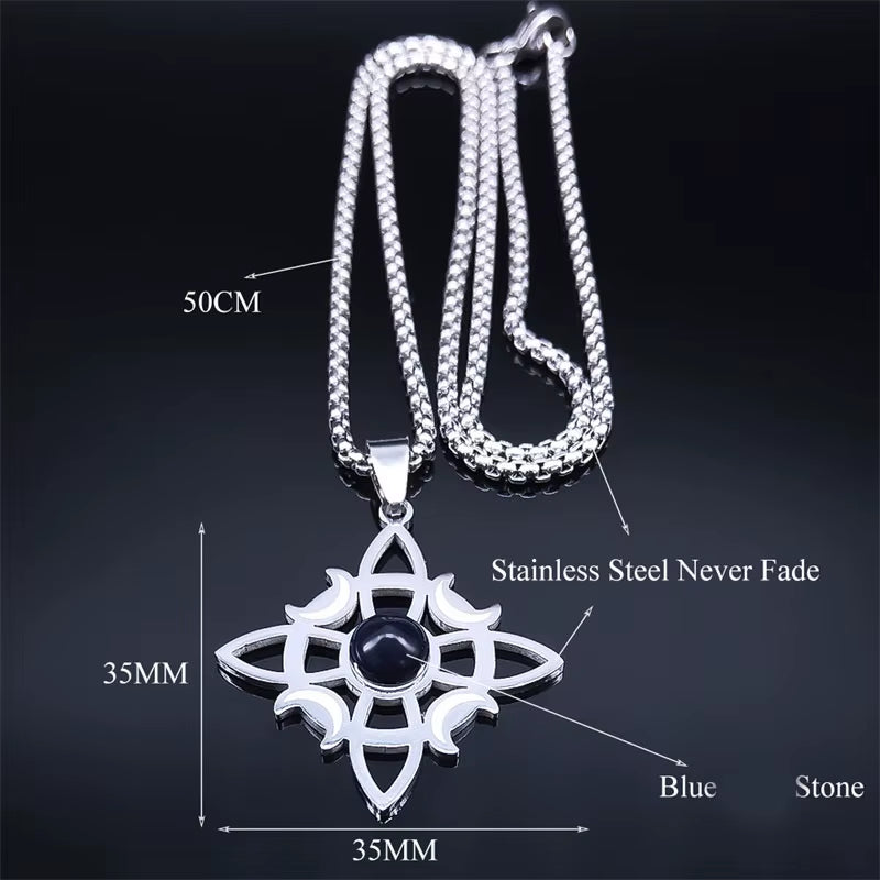 Wicca Celtic Knot Triple Moon Goddess Necklace Stainless Steel Natural Stone Witch Amulet Chain Necklaces Jewelry Collar