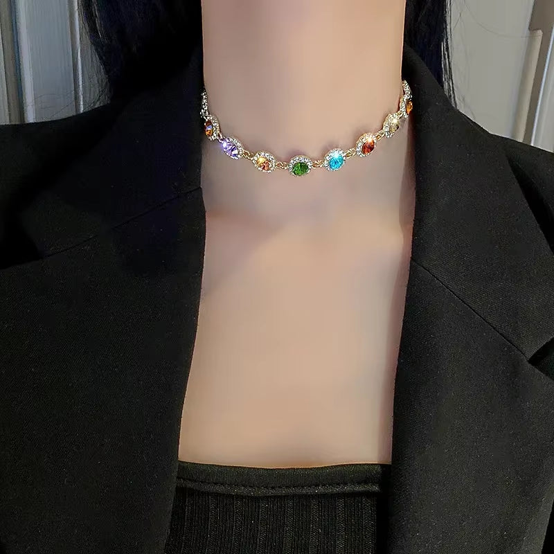 Geometric Colorful Crystal Choker Necklaces for Women Clavicle Chain Necklaces Jewelry Bijoux for Party Gift Accessories