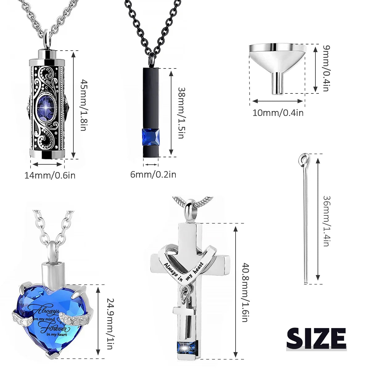 4Pcs Urn Necklace Set Stainless Steel Cremation Jewelry Heart Cylindrical Cross Rectangular Ashes Keepsake Waterproof Urn Memorial Pendant for Men Women