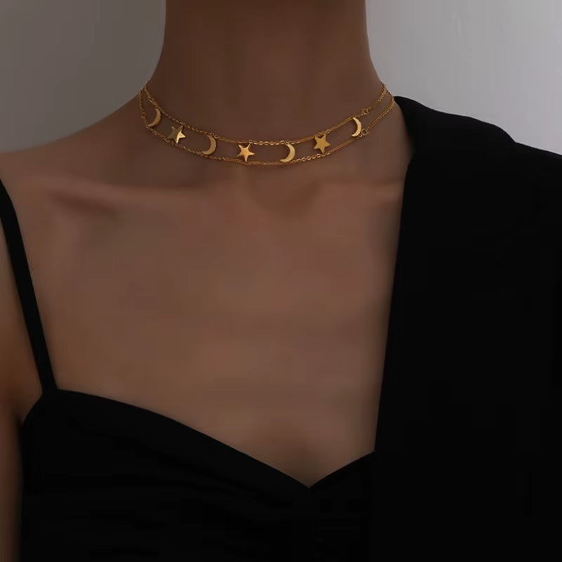 Small Crescent Moon and Stars Necklaces Hollow Double Layer Chain Choker Necklaces Unusual Statement Boho Sea Necklace