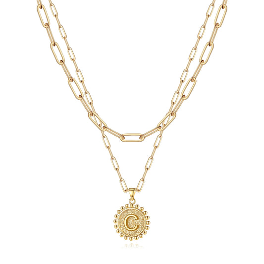 Tingn Gold Initial Necklaces for Women Layering Paperclip Link Coin Jewelry Gift