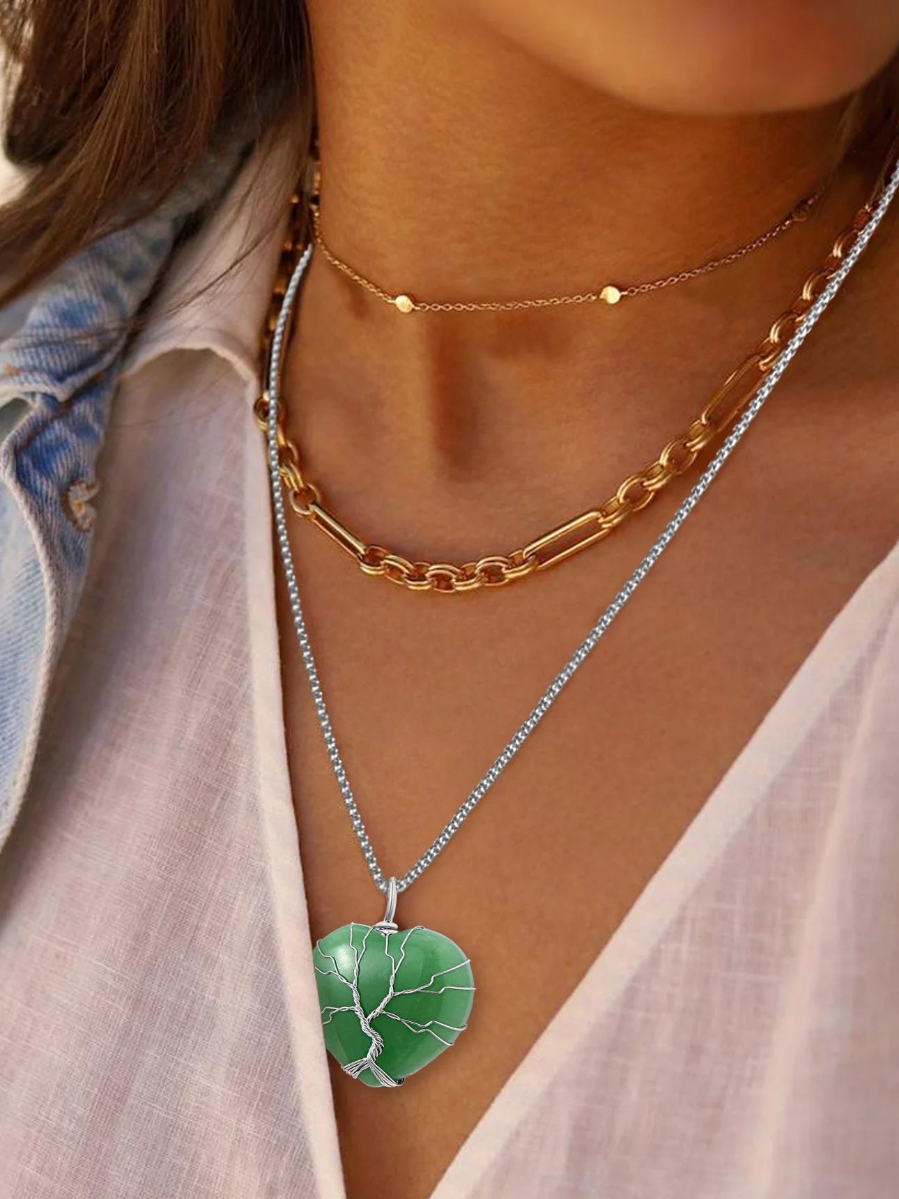 Tree of Life Heart Crystal Necklaces August Birthstone Pendant Nature Aventurine Gemstones Healing Necklaces