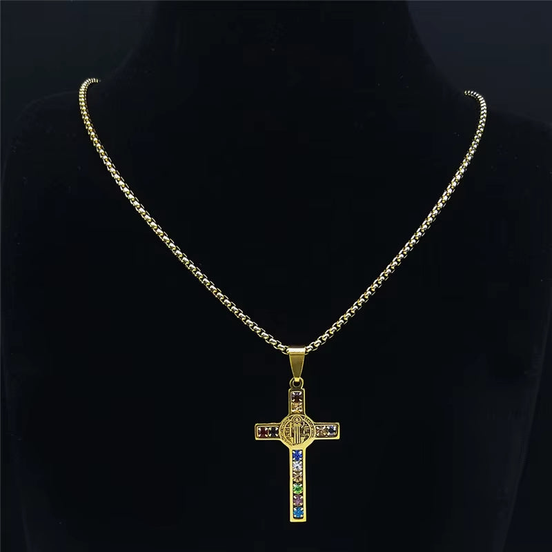 Catholic Jesus Cross Stainless Steel Necklace Saint Benedict Crystal Virgin Mary Pendant Crucifix Male Necklaces Jewelry Cruz