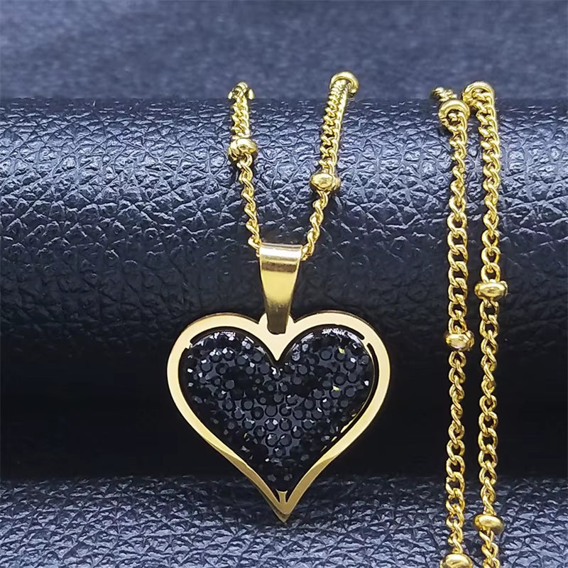 Elegant Black Crystal Heart Pendant Necklace for Women Stainless Steel Gold Color Small Exquisite Choker Chain Jewelry N8261S01