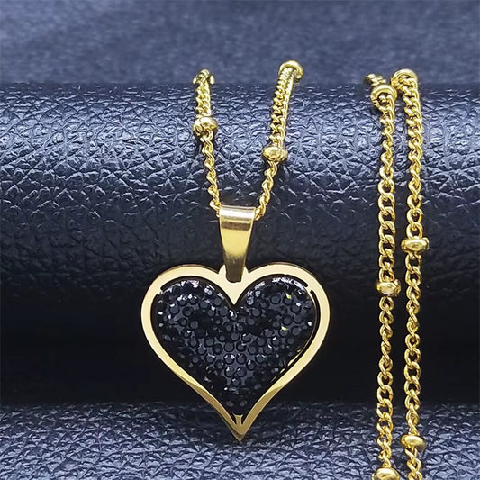 Elegant Black Crystal Heart Pendant Necklace for Women Stainless Steel Gold Color Small Exquisite Choker Chain Jewelry N8261S01