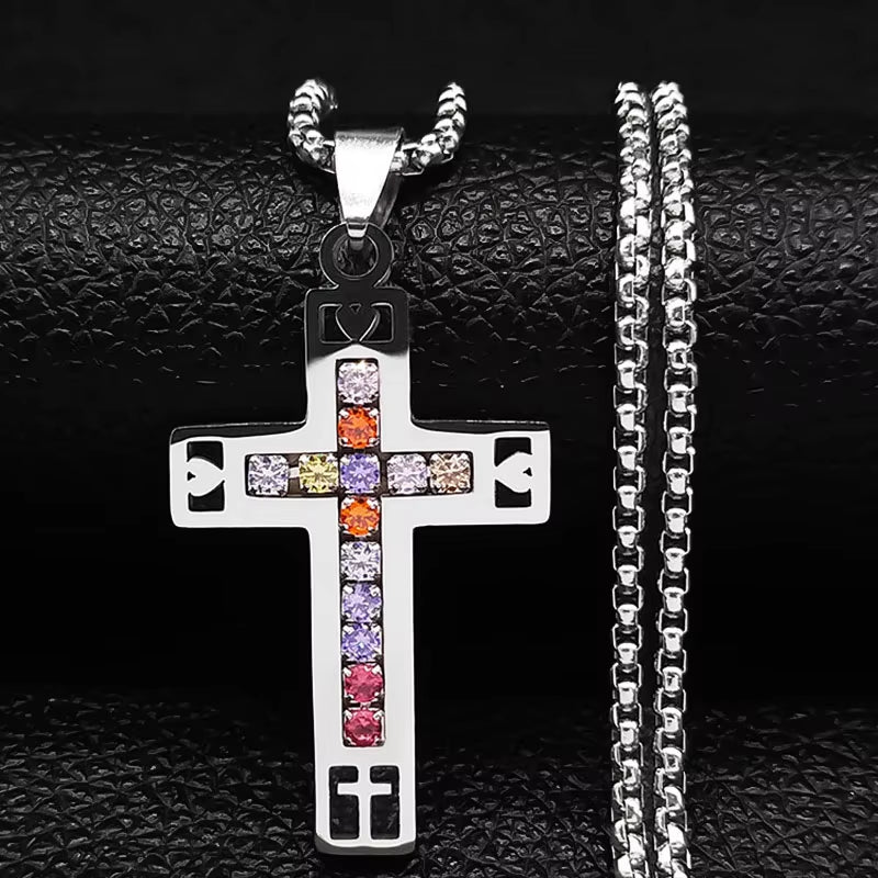 Catholic Jesus Cross Stainless Steel Necklace Saint Benedict Crystal Virgin Mary Pendant Crucifix Male Necklaces Jewelry Cruz