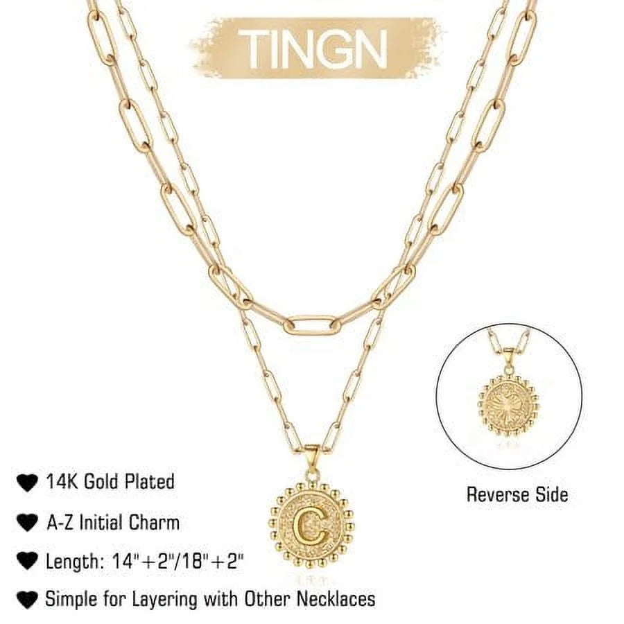 Tingn Gold Initial Necklaces for Women Layering Paperclip Link Coin Jewelry Gift