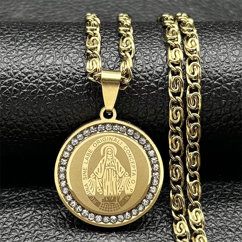 Colorful Crystal Saint Benedict Medal Necklace Women Men Stainless Steel Gold Color Chain Necklaces Jewelry San Benito N8391S05