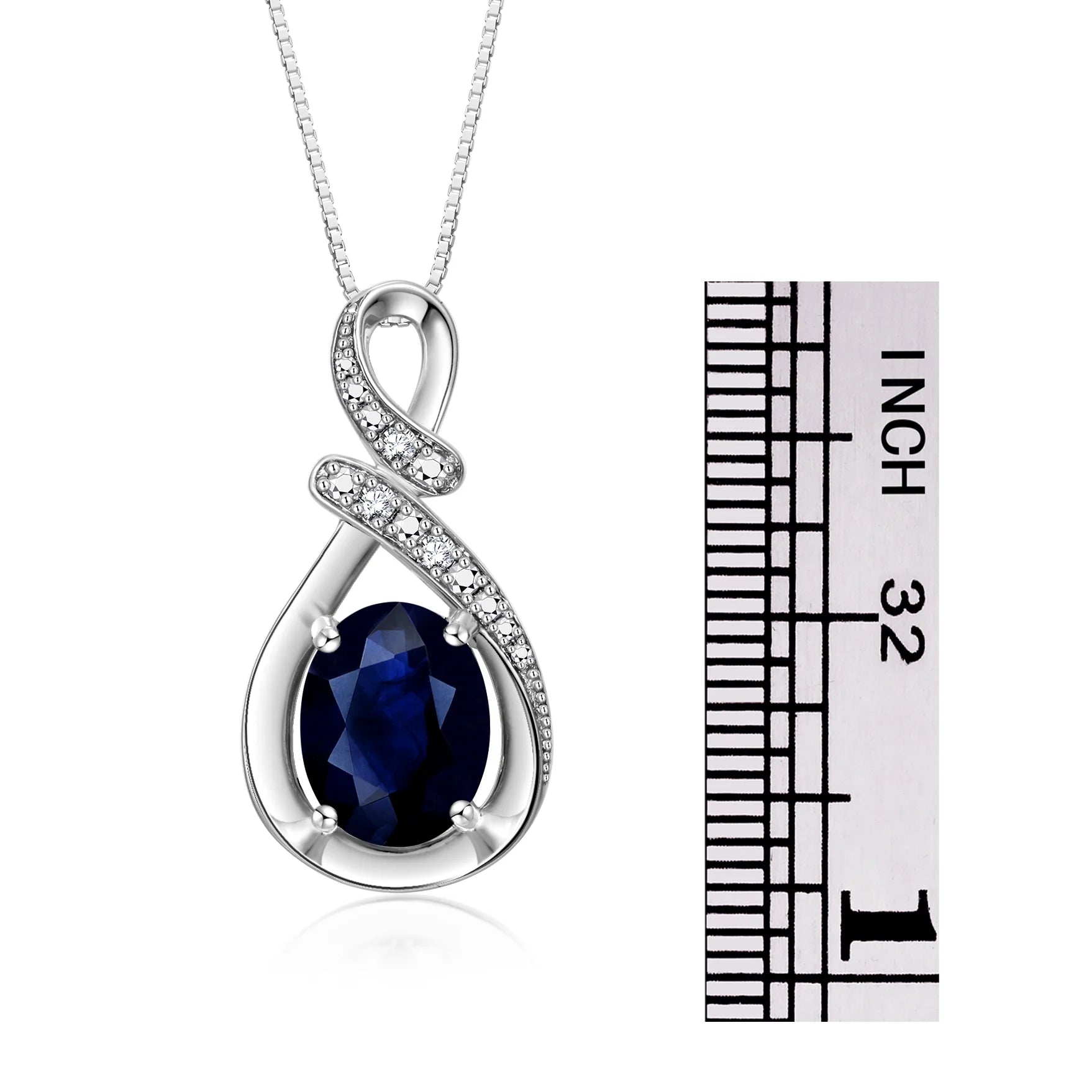 Necklace Sterling Silver Classic Designer Necklace Gemstone & Diamonds Pendant 18" Chain 9X7MM BLUE Sapphire September Birthstone Womens Jewelry Silver Necklace