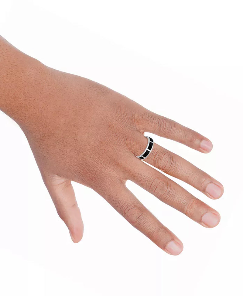 Men'S Polished Black Ceramic Segmented Band in Sterling Silver