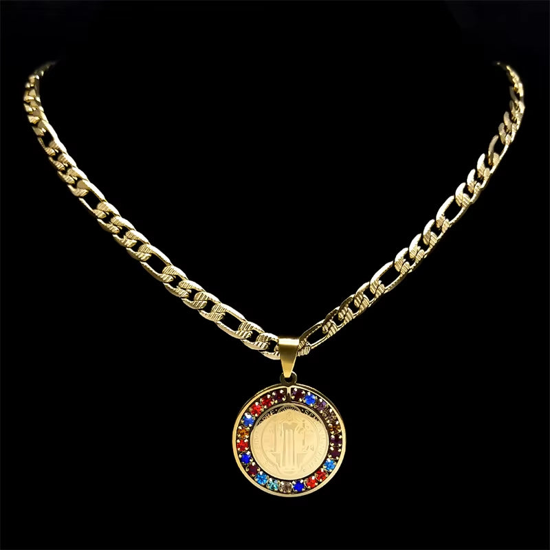 Colorful Crystal Saint Benedict Medal Necklace Women Men Stainless Steel Gold Color Chain Necklaces Jewelry San Benito N8391S05