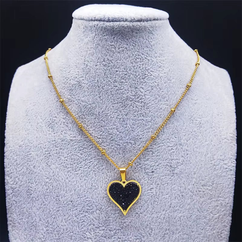 Elegant Black Crystal Heart Pendant Necklace for Women Stainless Steel Gold Color Small Exquisite Choker Chain Jewelry N8261S01