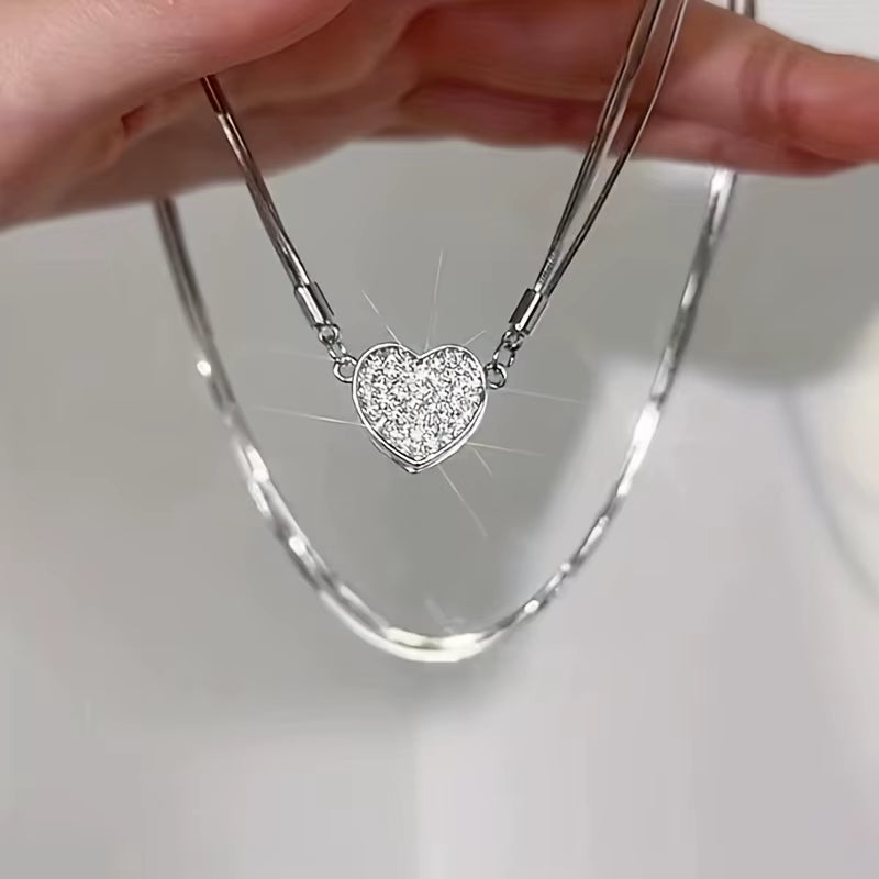 Elegant Heart Shaped Zircon Pendant Necklace Fashion Multilayer Magnetic Clasp Clavicle Chain for Women New Party Gift Jewelry