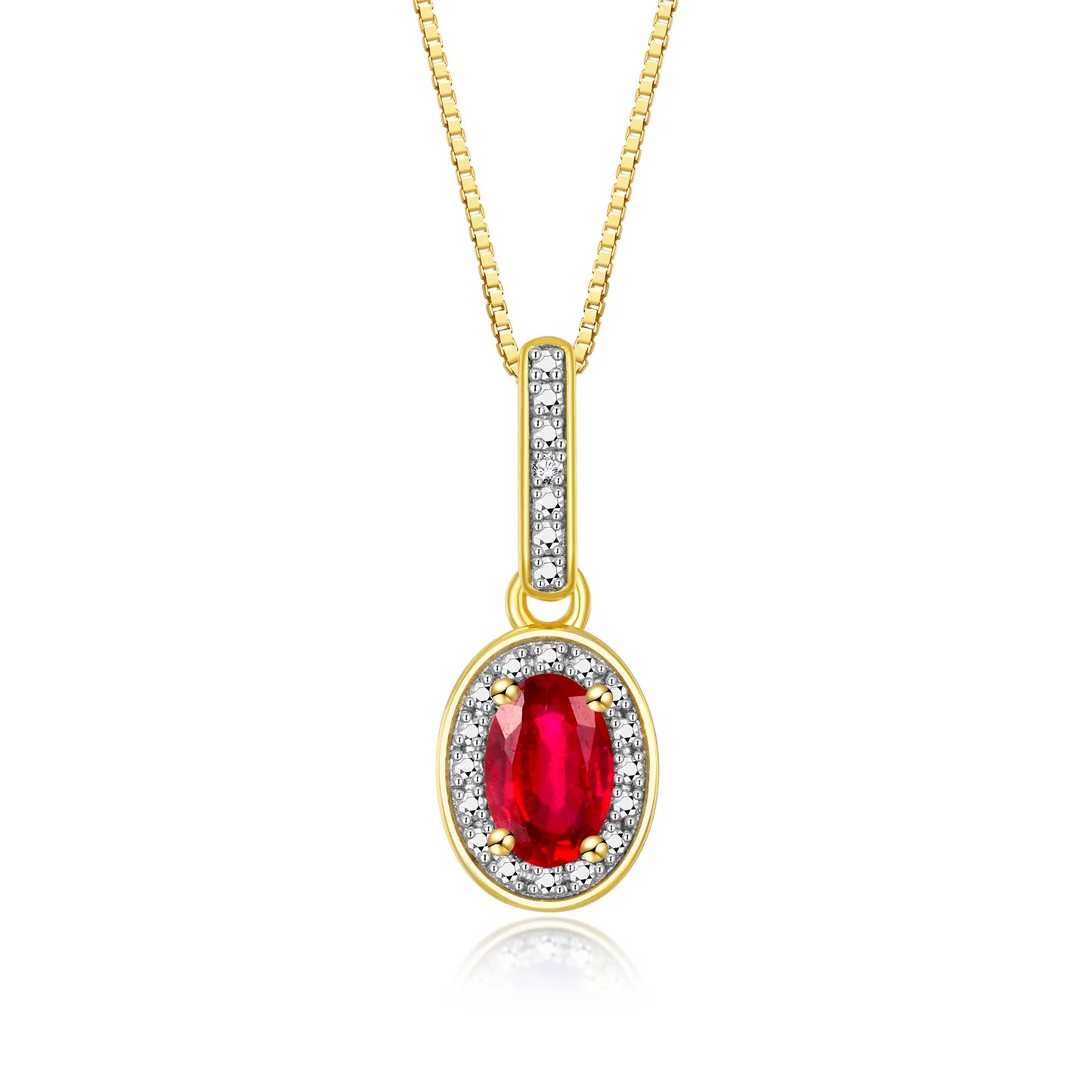 Necklace Yellow Gold Plated Silver 925 Halo Designer Necklace with Gemstone & Diamonds with 18" Chain 6X4MM Ruby July Birthstone Womens Jewelry Silver Necklace