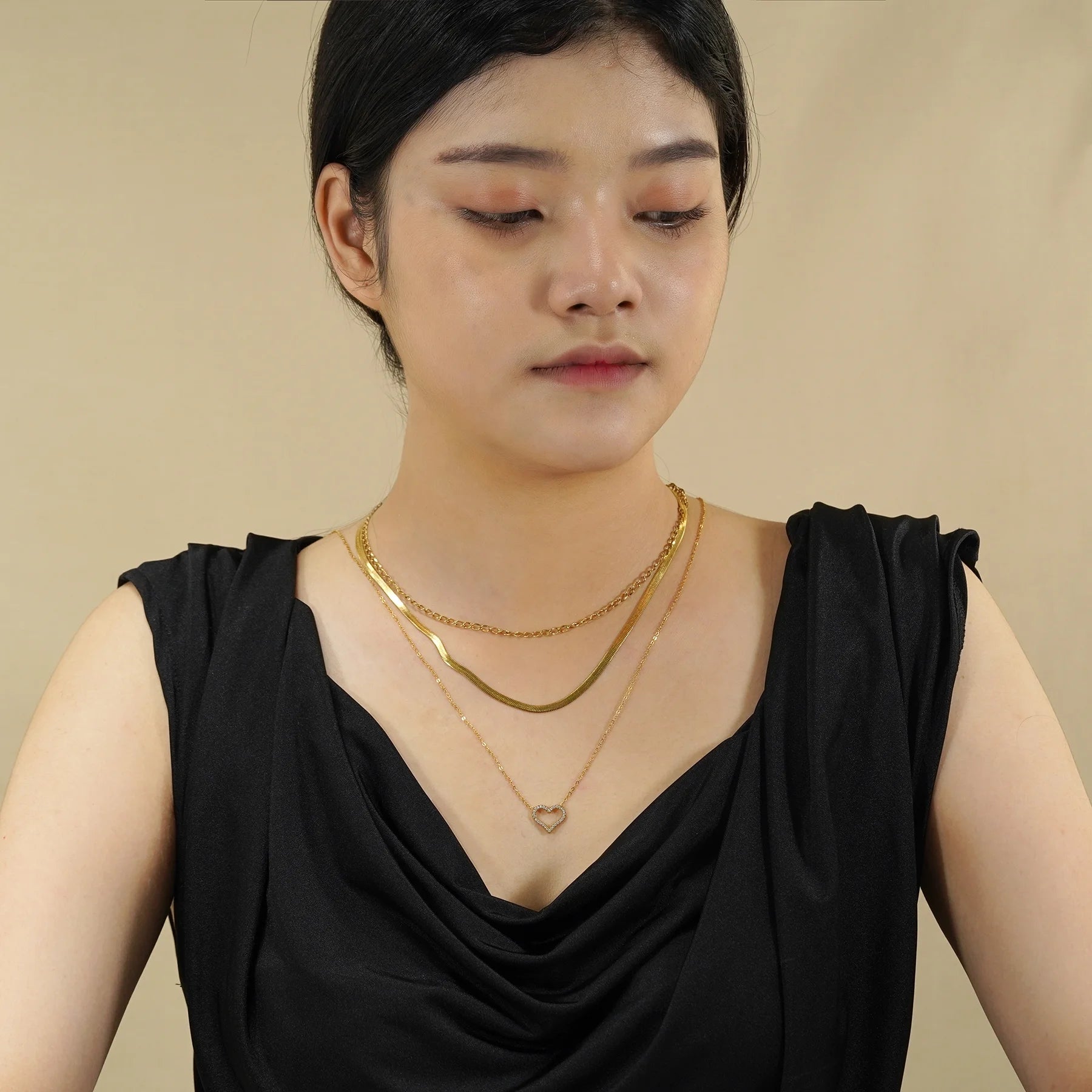 Multipack 3 Pc Women Layered Necklace Pendant, Yellow Gold Plating, Gold Chain, Choker Necklace, Herringbone Layered Necklace Jewelry Gift