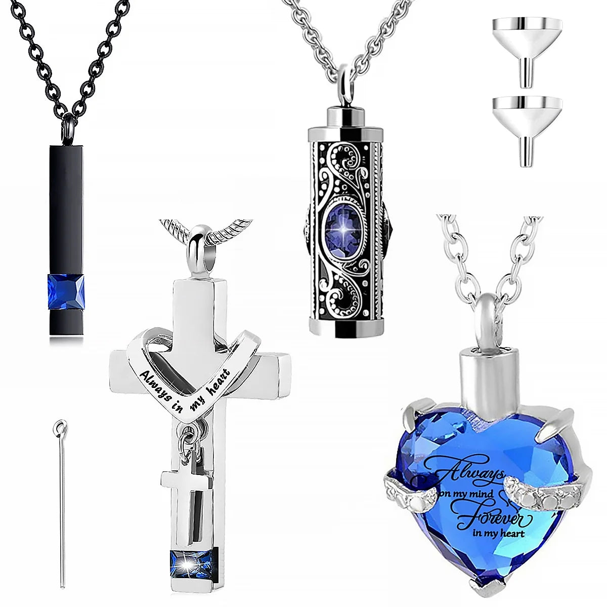 4Pcs Urn Necklace Set Stainless Steel Cremation Jewelry Heart Cylindrical Cross Rectangular Ashes Keepsake Waterproof Urn Memorial Pendant for Men Women
