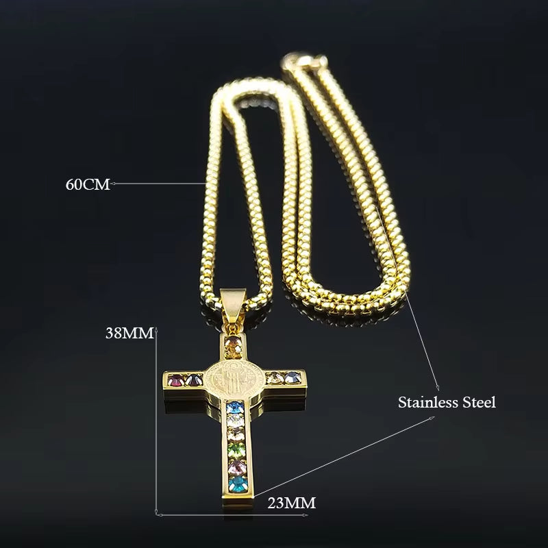 Catholic Jesus Cross Stainless Steel Necklace Saint Benedict Crystal Virgin Mary Pendant Crucifix Male Necklaces Jewelry Cruz
