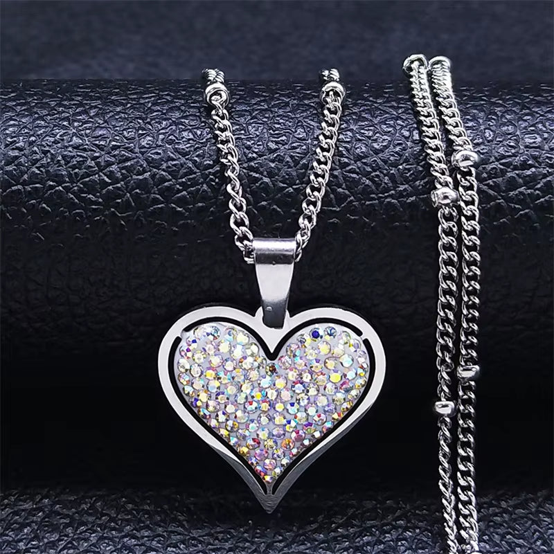 Elegant Black Crystal Heart Pendant Necklace for Women Stainless Steel Gold Color Small Exquisite Choker Chain Jewelry N8261S01
