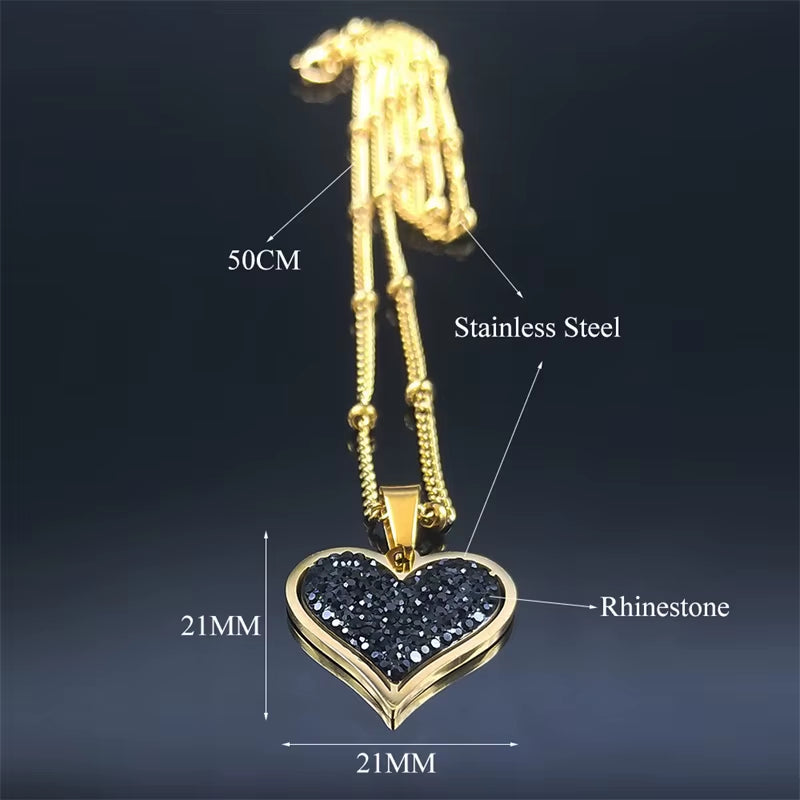Elegant Black Crystal Heart Pendant Necklace for Women Stainless Steel Gold Color Small Exquisite Choker Chain Jewelry N8261S01