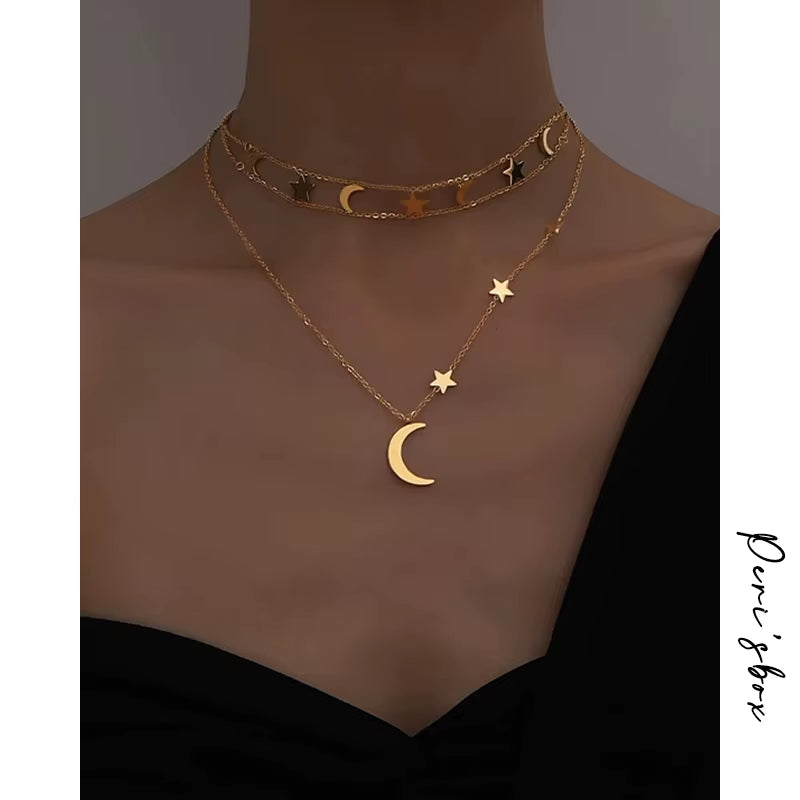 Small Crescent Moon and Stars Necklaces Hollow Double Layer Chain Choker Necklaces Unusual Statement Boho Sea Necklace