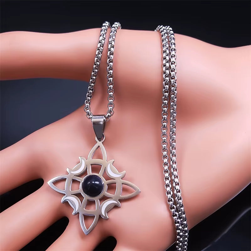 Wicca Celtic Knot Triple Moon Goddess Necklace Stainless Steel Natural Stone Witch Amulet Chain Necklaces Jewelry Collar