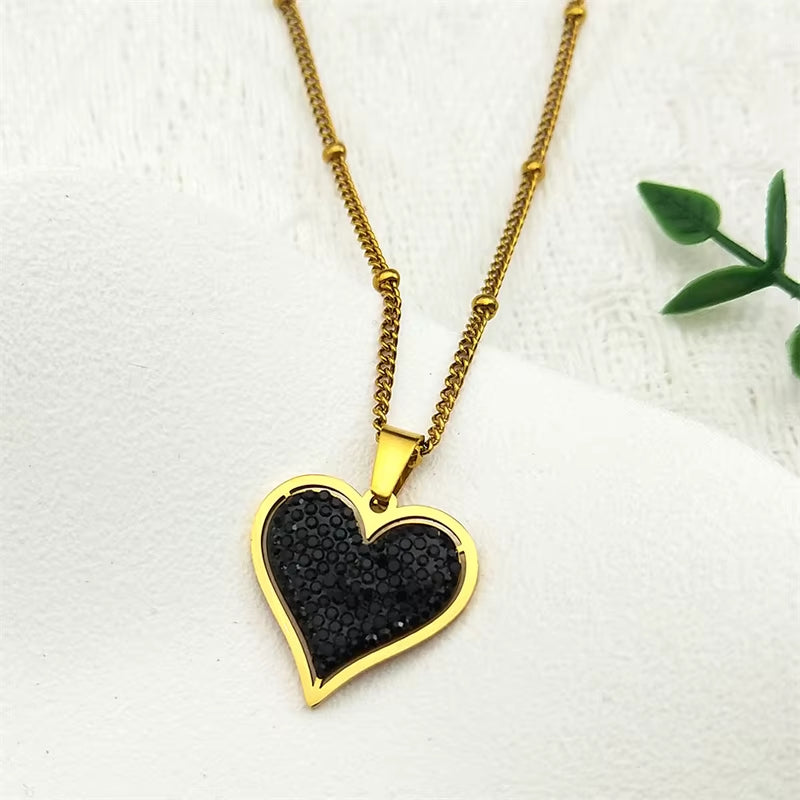 Elegant Black Crystal Heart Pendant Necklace for Women Stainless Steel Gold Color Small Exquisite Choker Chain Jewelry N8261S01