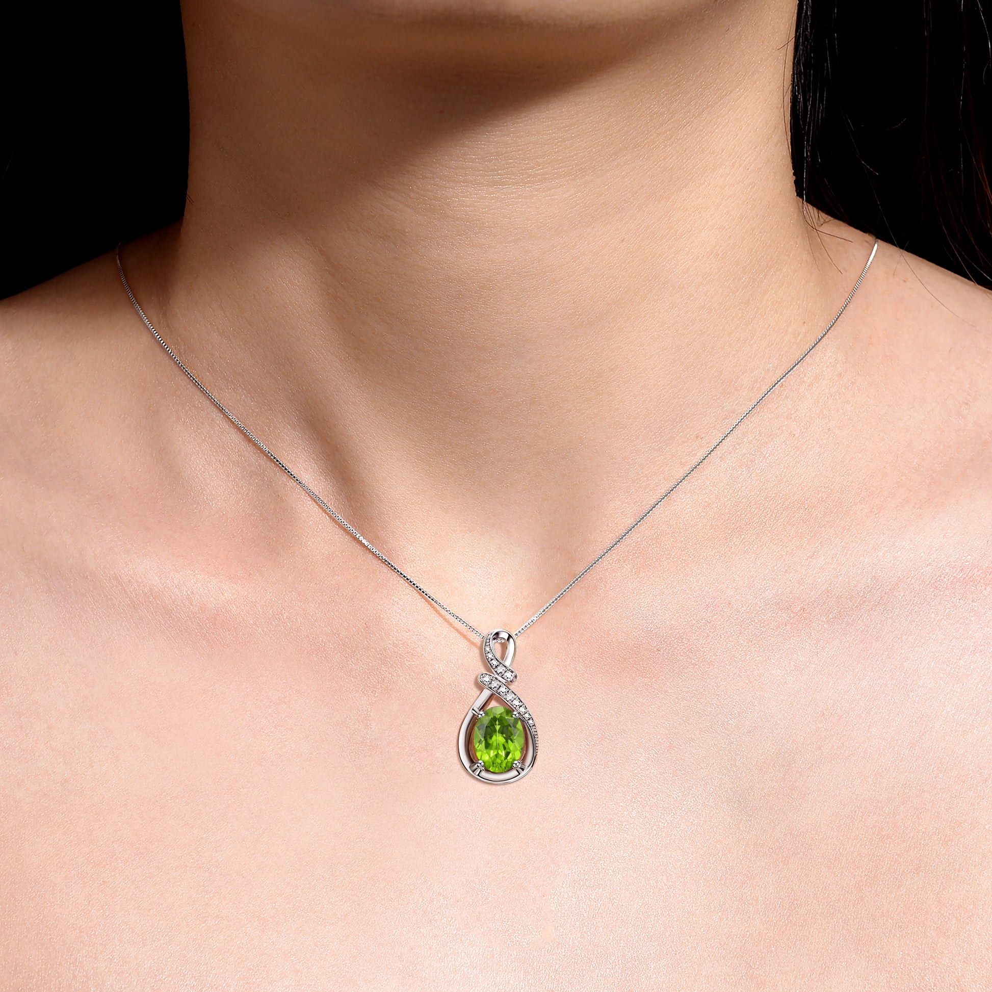 Necklace Sterling Silver 925 Classic Designer Necklace Gemstone & Diamonds Pendant with 18" Chain 9X7MM Peridot August Birthstone Womens Jewelry Silver Necklace