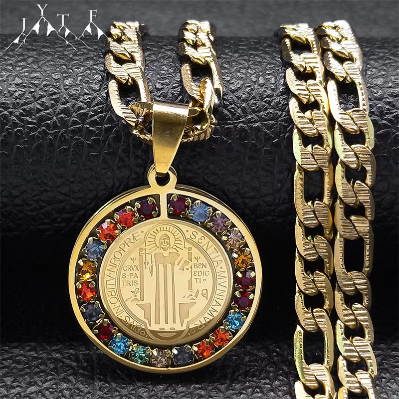 Colorful Crystal Saint Benedict Medal Necklace Women Men Stainless Steel Gold Color Chain Necklaces Jewelry San Benito N8391S05